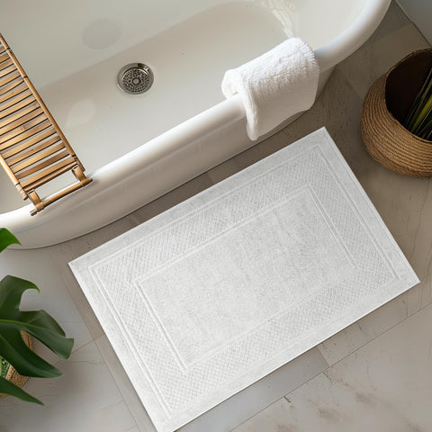 Avalon Towels White Bath Mat jacquard design adds elegant bathroom style