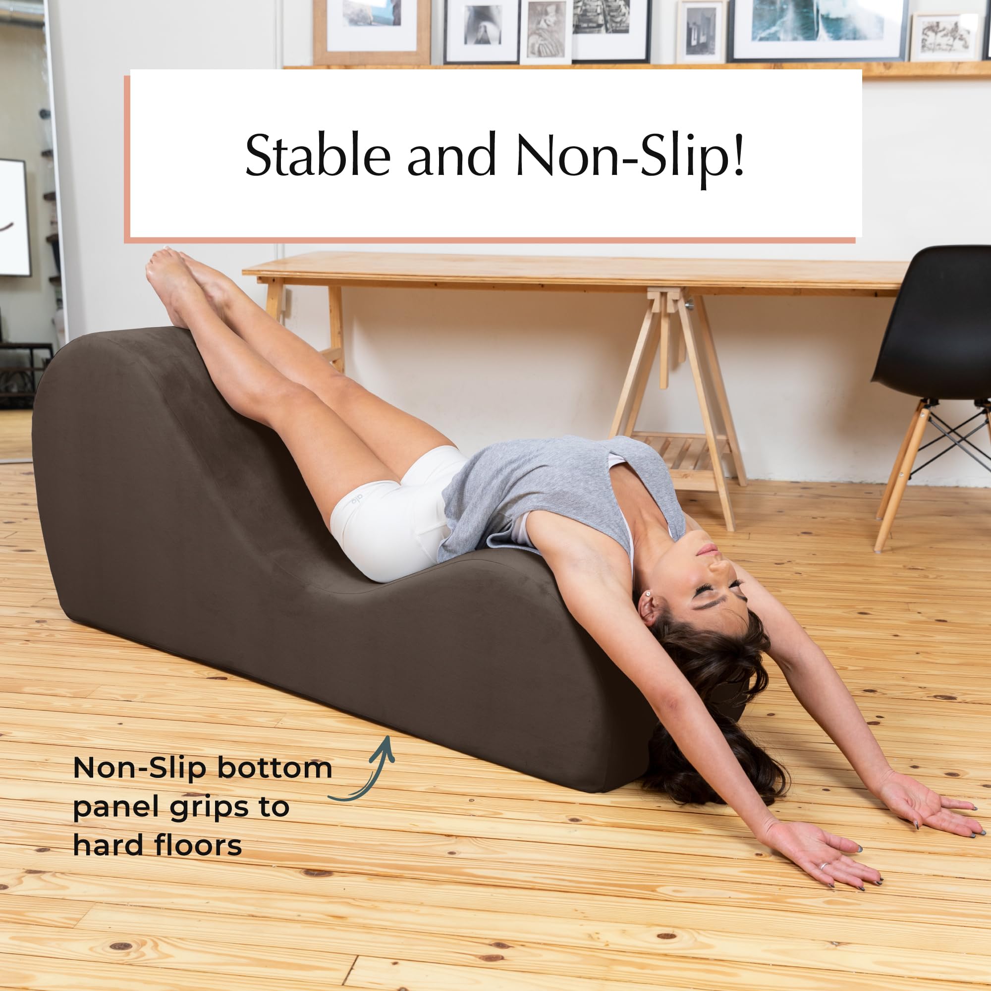 Avana Sleek Chaise Yoga backrest detail demonstrates ergonomic support during poses.