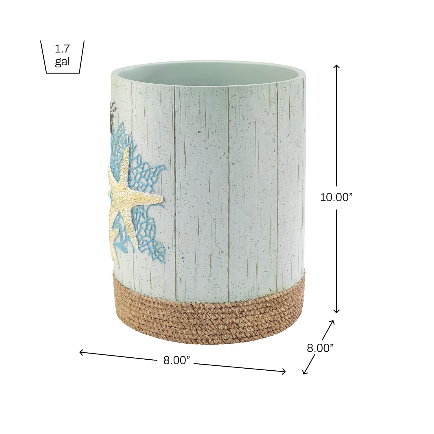 Avanti Beachcomber wastebasket displays coral and starfish on a seaside aqua background.