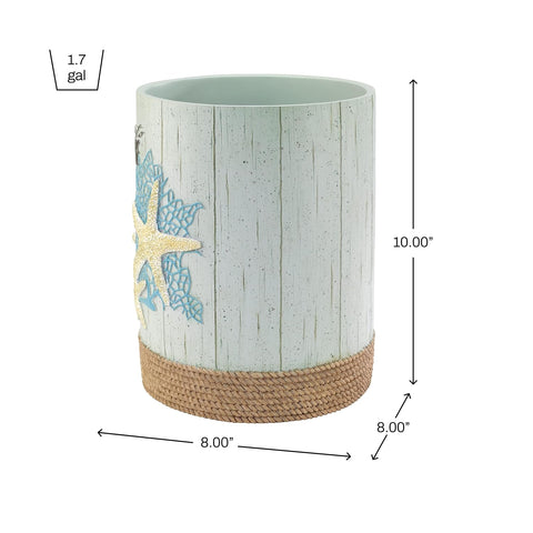 Avanti Beachcomber wastebasket displays coral and starfish on a seaside aqua background.