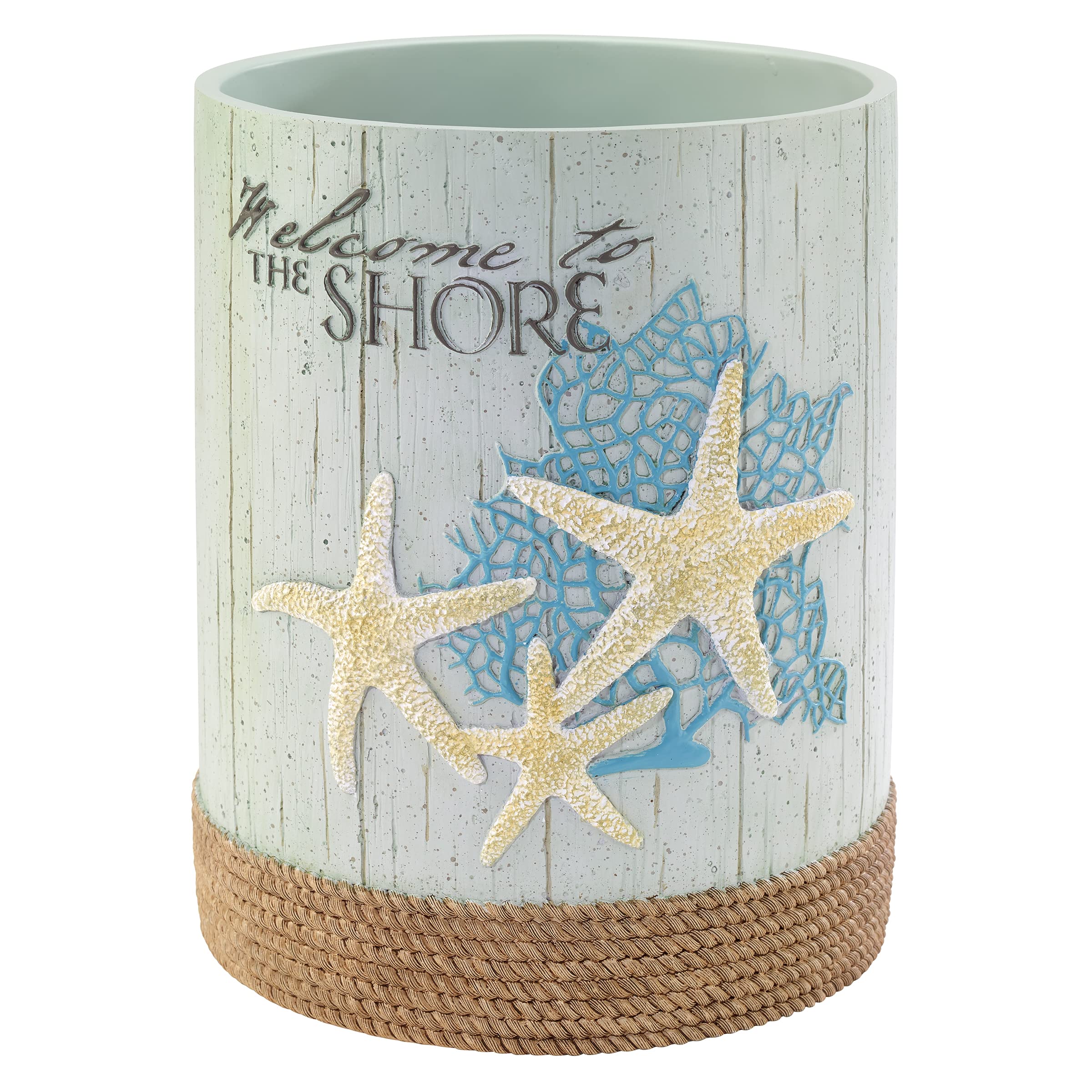 Avanti Beachcomber wastebasket with coral and starfish detail on aqua backdrop.