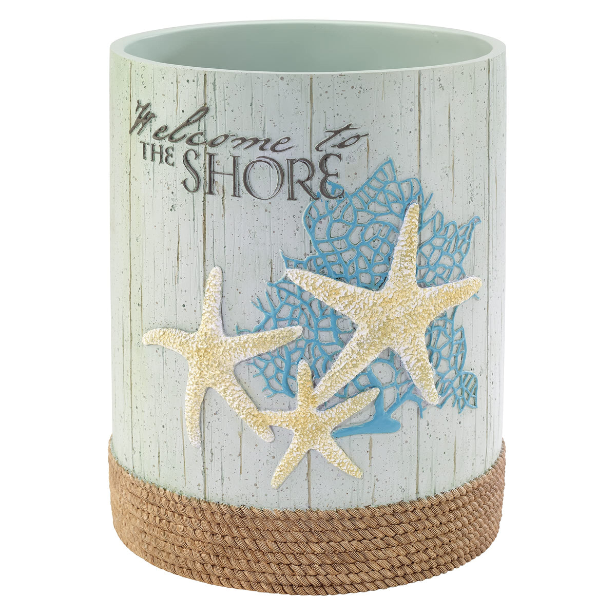 Avanti Beachcomber wastebasket with coral and starfish detail on aqua backdrop.