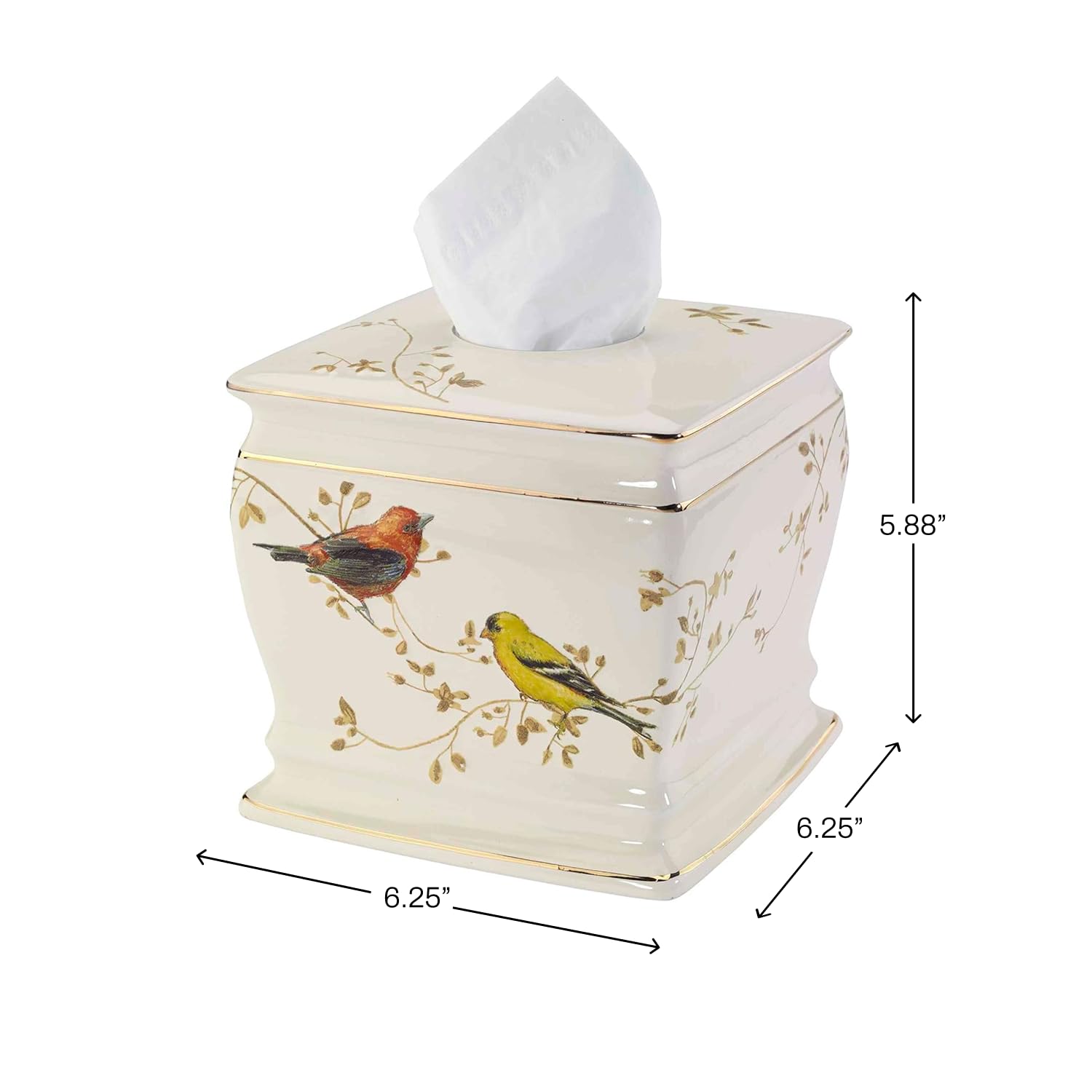 Avanti Linens tissue box cover bird-and-branch motif complements coordinated towels and decor.