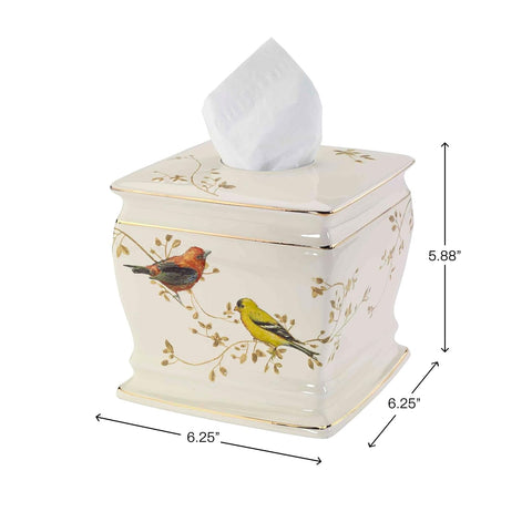 Avanti Linens tissue box cover bird-and-branch motif complements coordinated towels and decor.