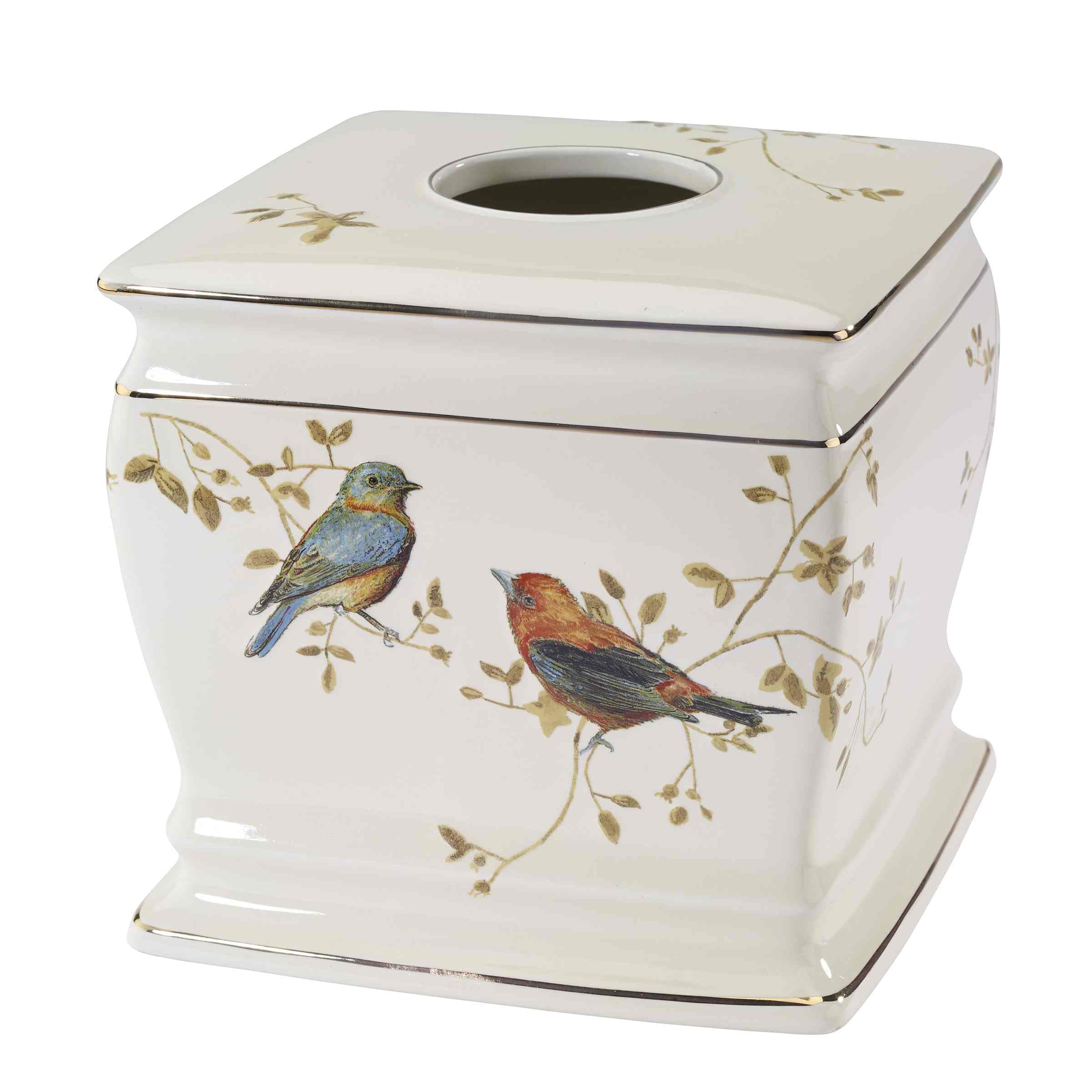 Avanti Linens tissue box cover featuring gilded birds on ivory ceramic for bath décor.
