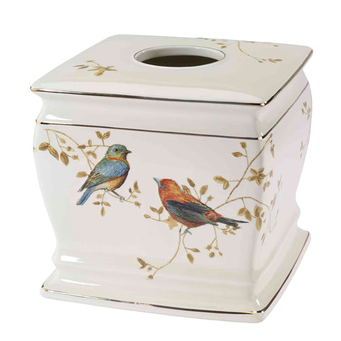 Avanti Linens tissue box cover featuring gilded birds on ivory ceramic for bath décor.