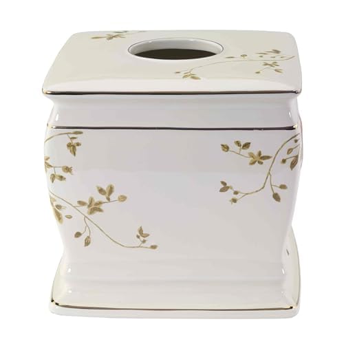 Avanti Linens ivory ceramic tissue box cover close-up shows raised decals and elegance.