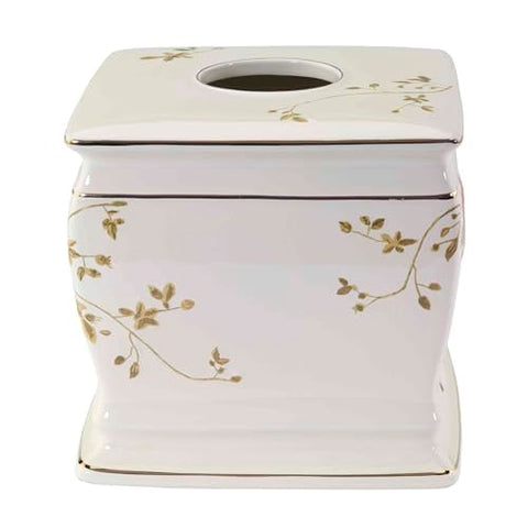Avanti Linens ivory ceramic tissue box cover close-up shows raised decals and elegance.