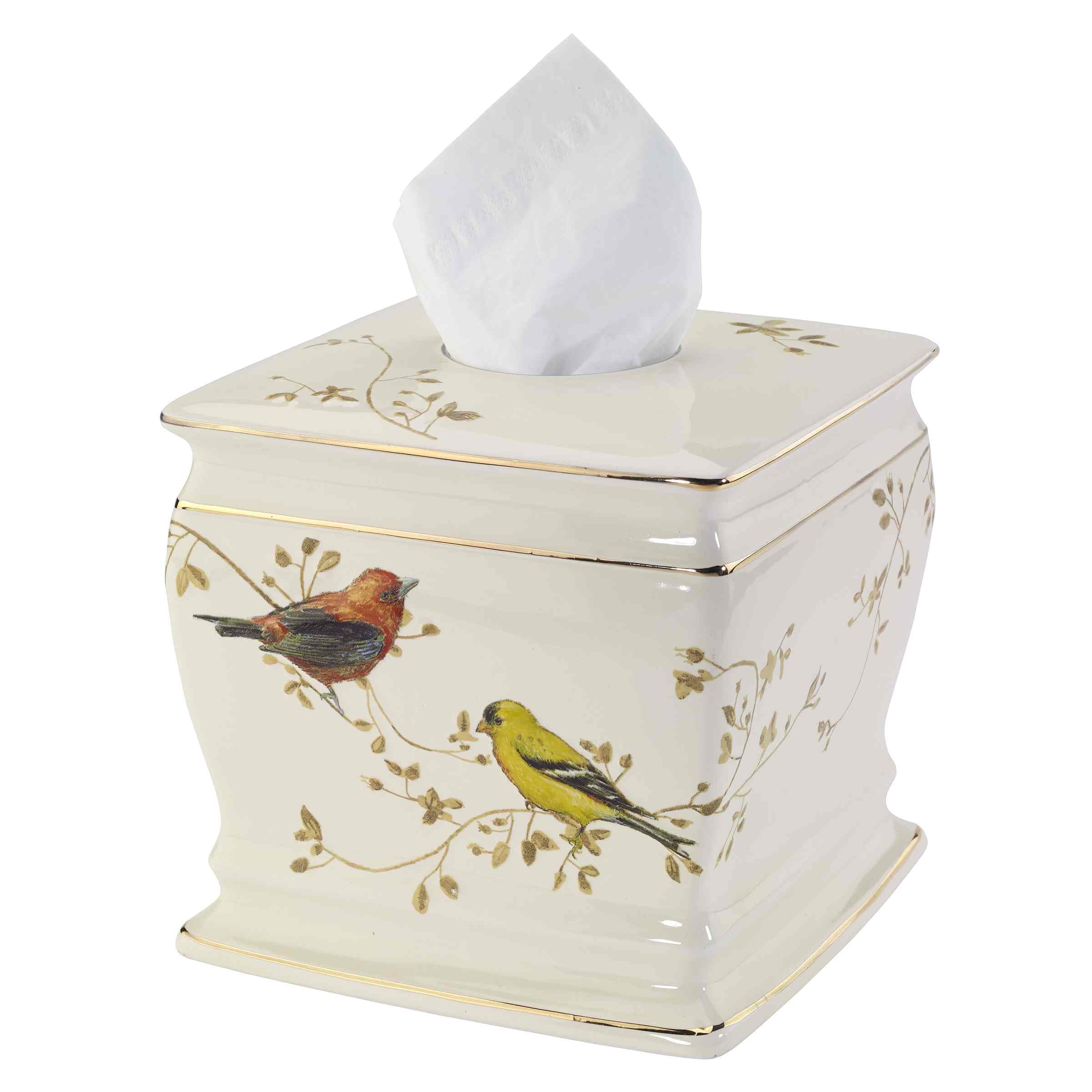 Avanti Linens tissue box cover with ornate gold trim detail enhances any bathroom vanity.