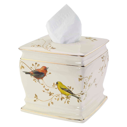 Avanti Linens tissue box cover with ornate gold trim detail enhances any bathroom vanity.