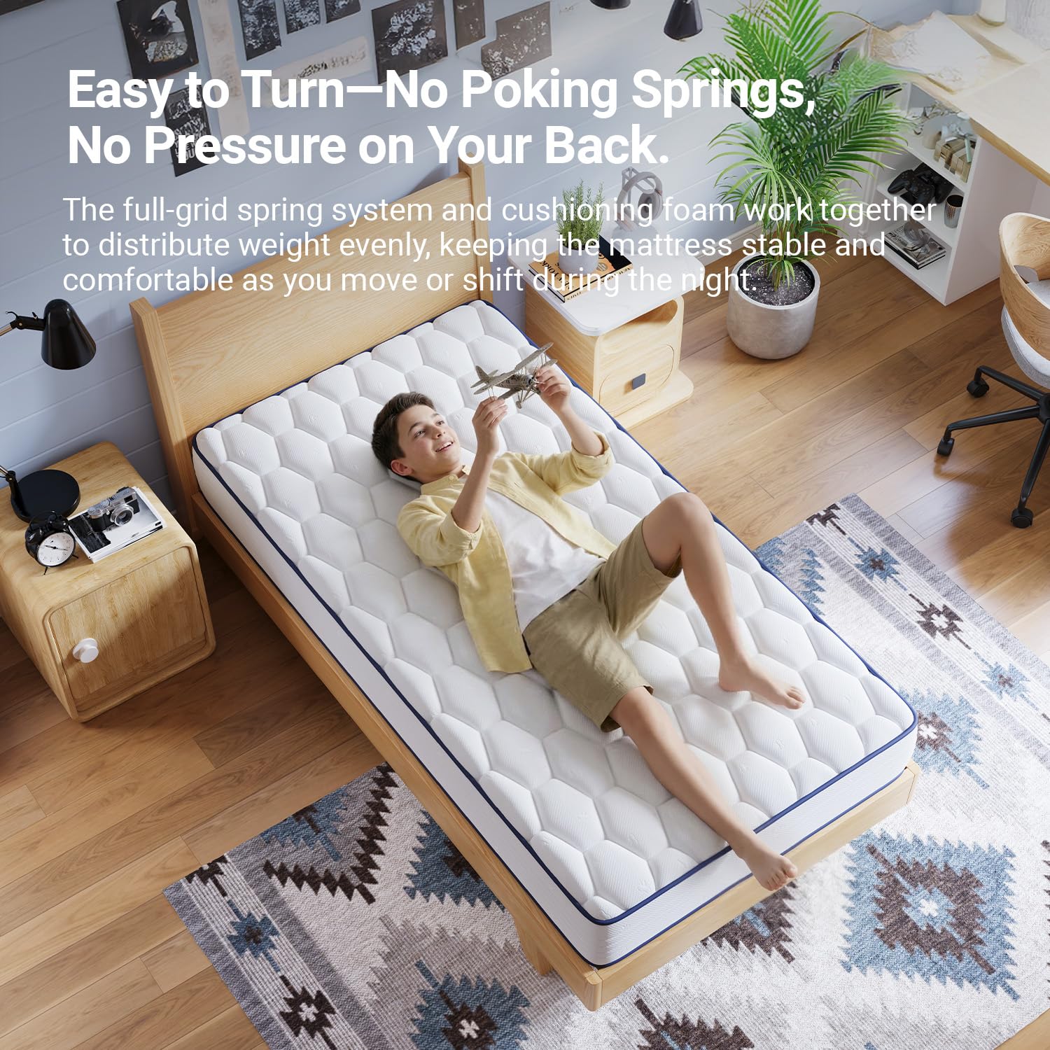 Avenco medium-soft support layer suits back, stomach, and side sleepers.