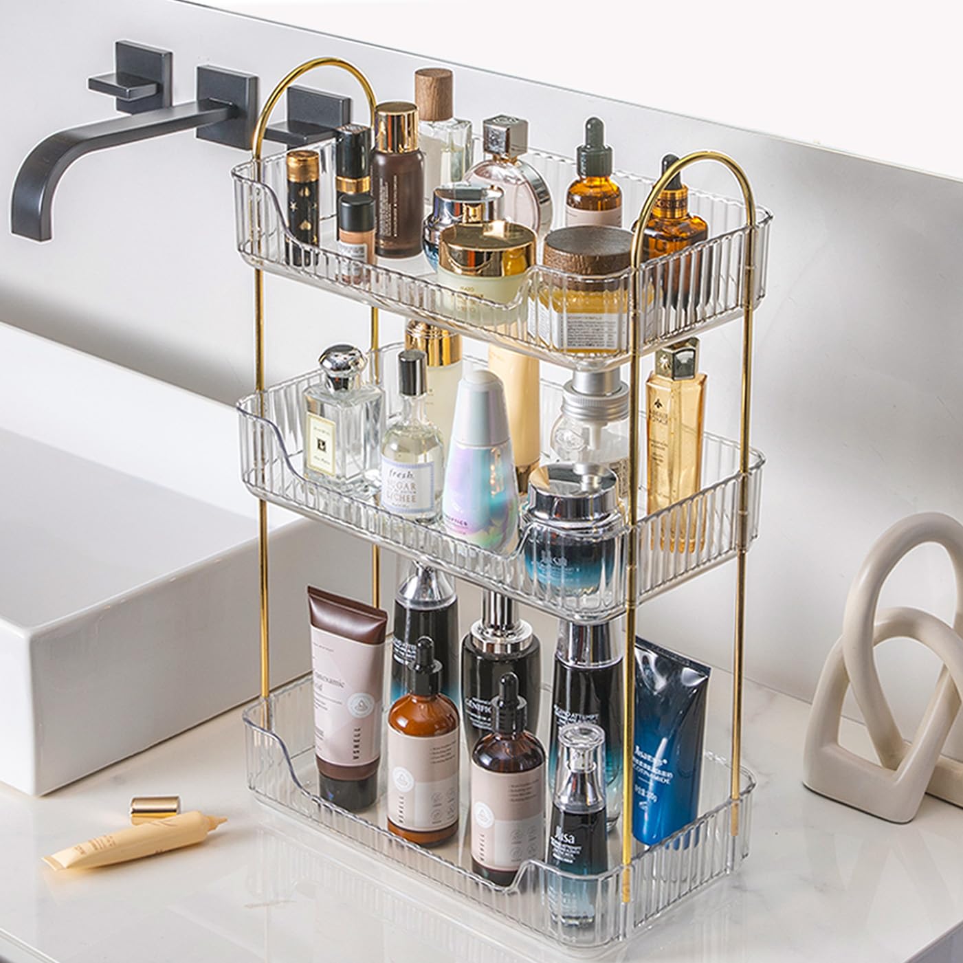 Aveniee 3-tier organizer front view highlights stable, elegant vanity storage.