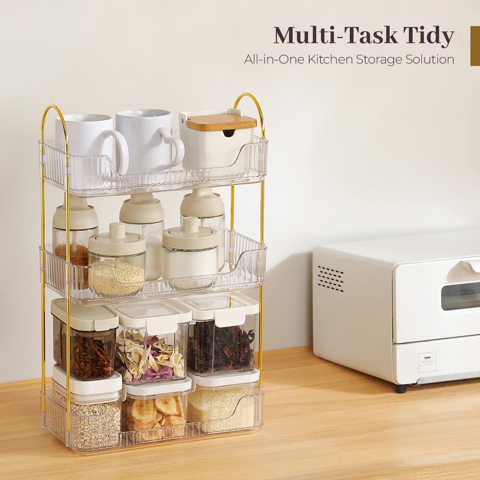 Aveniee space-saving layout optimizes counter space while keeping items visible.