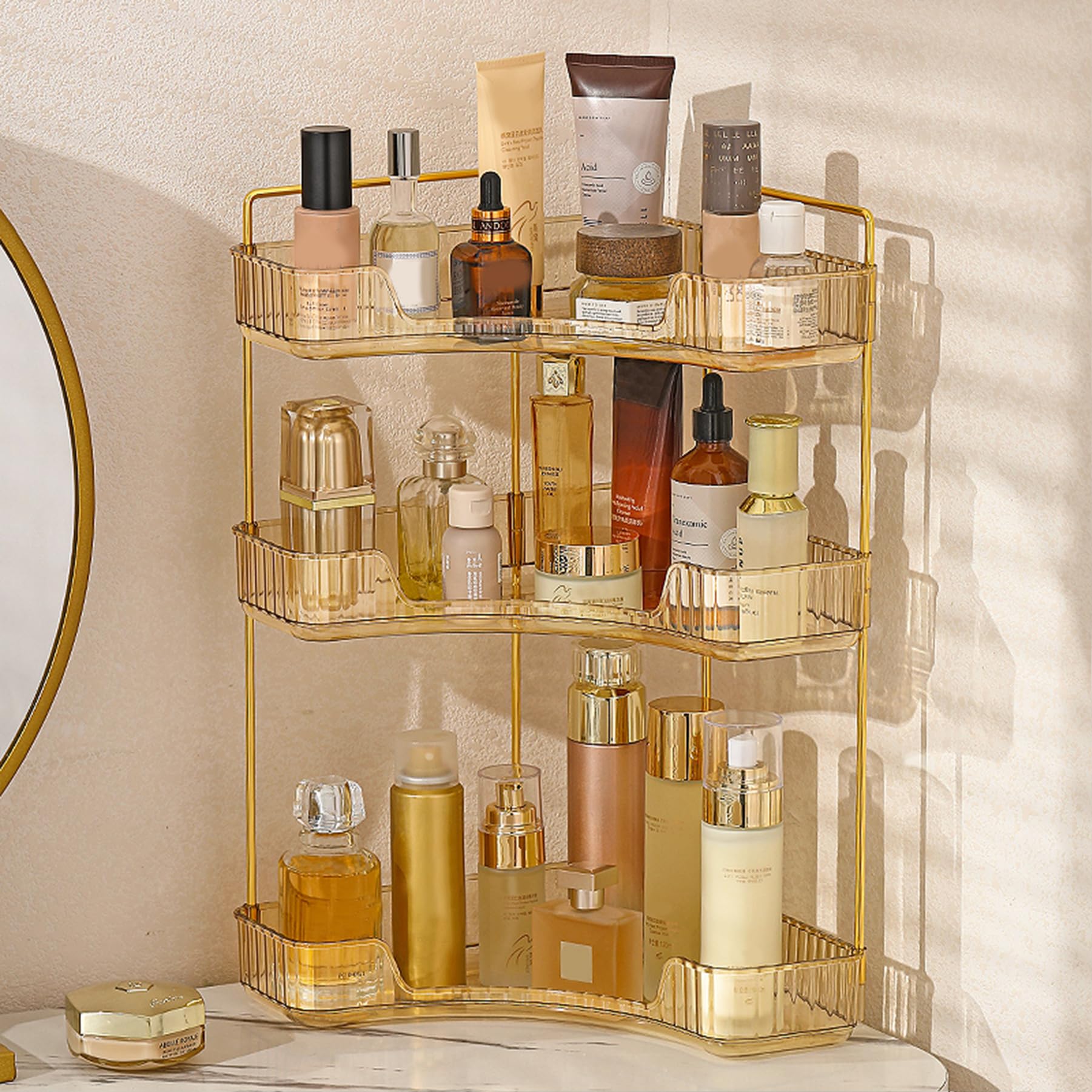 Aveniee corner bathroom organizer 3-tier gold front view enhances space saving.