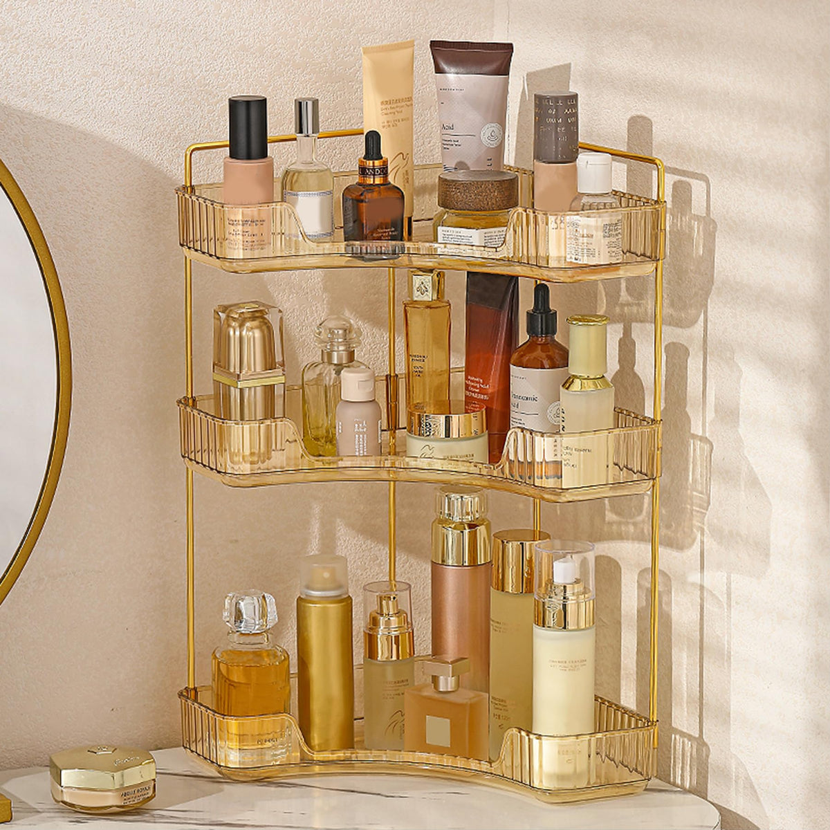 Aveniee corner bathroom organizer 3-tier gold front view enhances space saving.