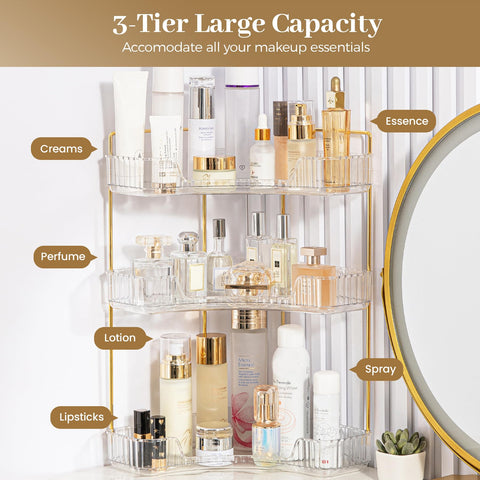 Aveniee 3-tier organizer on open shelves, easy access to perfumes and makeup.
