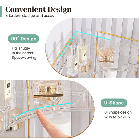 Space-saving 90-degree corner design fits tight countertops and vanities.