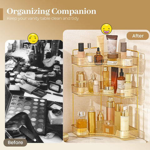 Aveniee dresser-top storage gold 3-tier keeps cosmetics tidy.