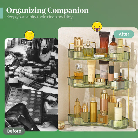 Aveniee green bathroom vanity storage fits on dresser or vanity top.