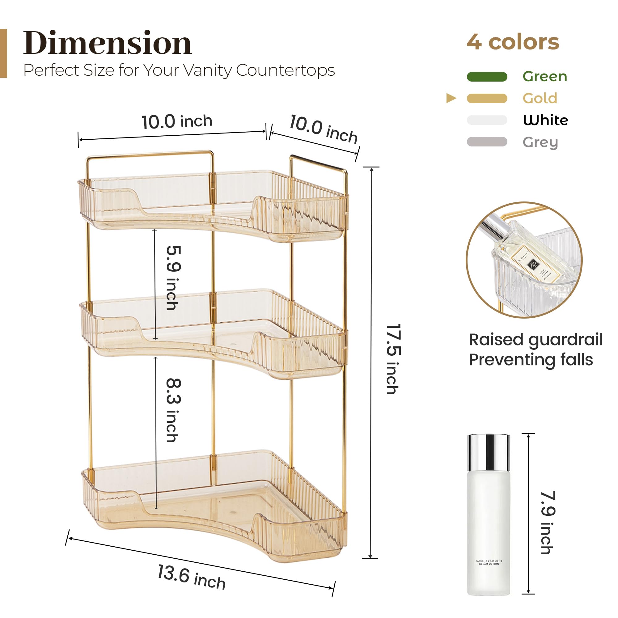 Aveniee makeup organizer tray gold angle shows versatile dresser use.