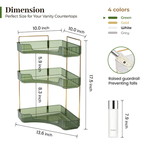 Aveniee open-shelf cosmetics storage on vanity for quick reach.