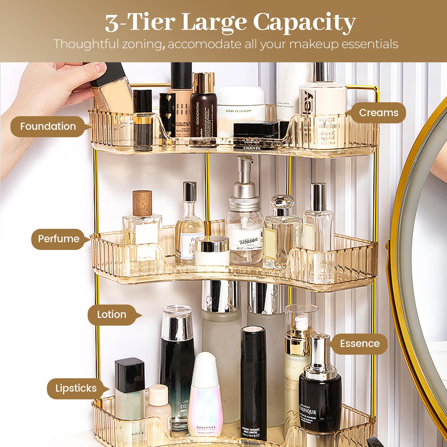 Aveniee vanity shelf 3-tier gold side view for easy access.