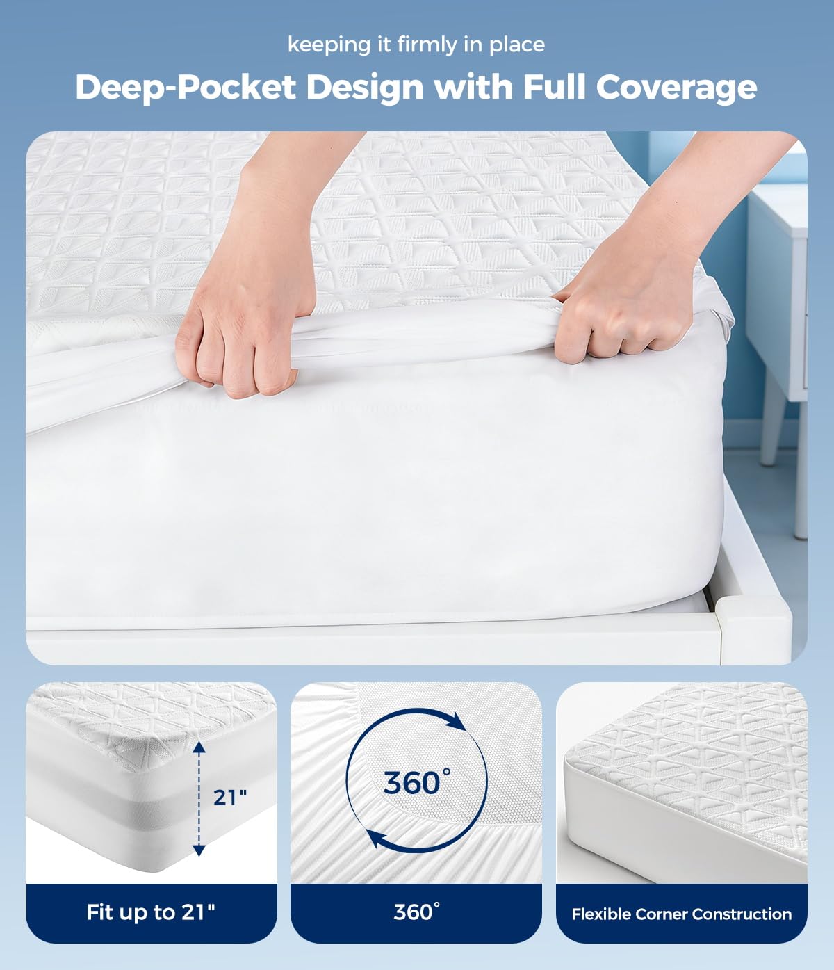 AVIKEN deep-pocket skirt keeps protector in place on 21-inch mattresses.