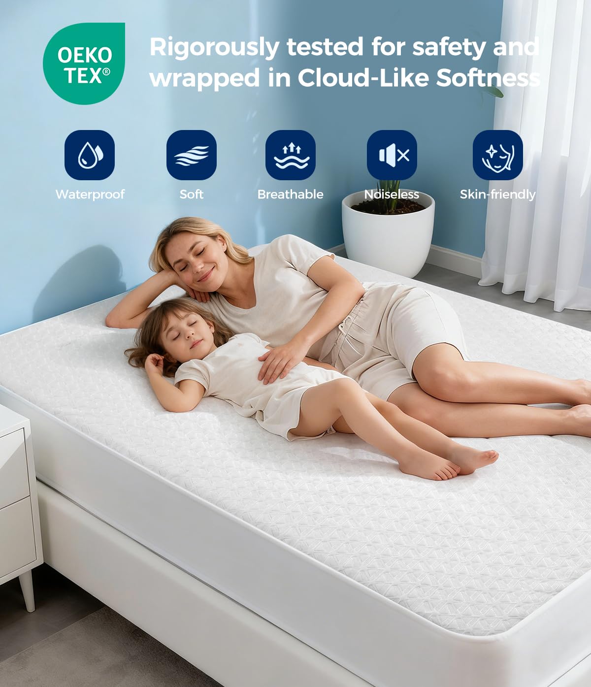 AVIKEN TPU waterproof backing creates a dry hygienic sleep surface.