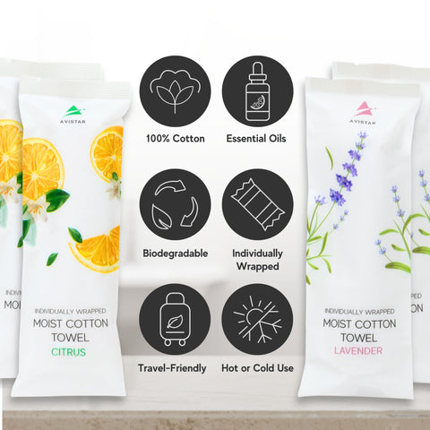 Avistar 9x9 towel open-pack image highlights individually wrapped convenience.