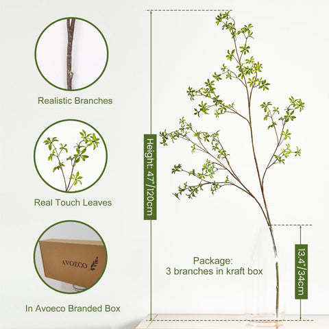 Avoeco 47in greenery stems with wire-wrapped cores for easy vase shaping.