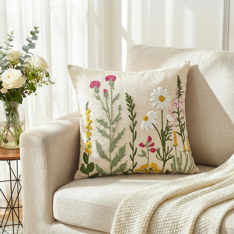 AVOIN colorlife beige daisy pillow cover with linen-like texture for couch styling