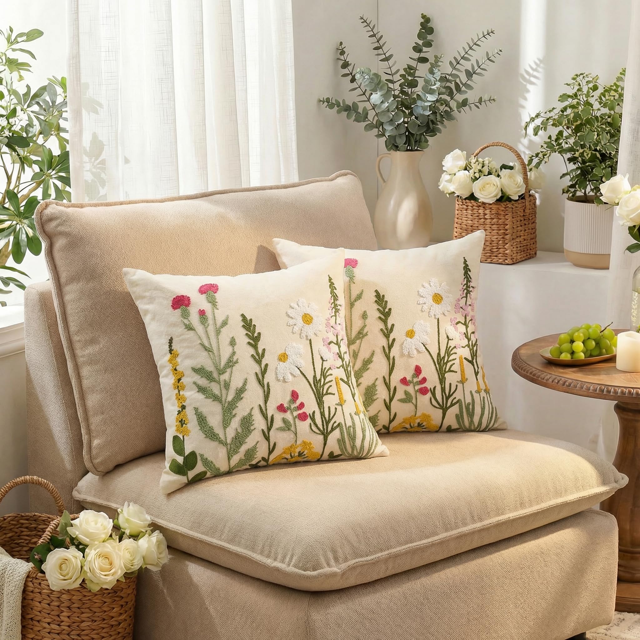 AVOIN colorlife linen look daisy embroidery pillow cover for decorative cushions