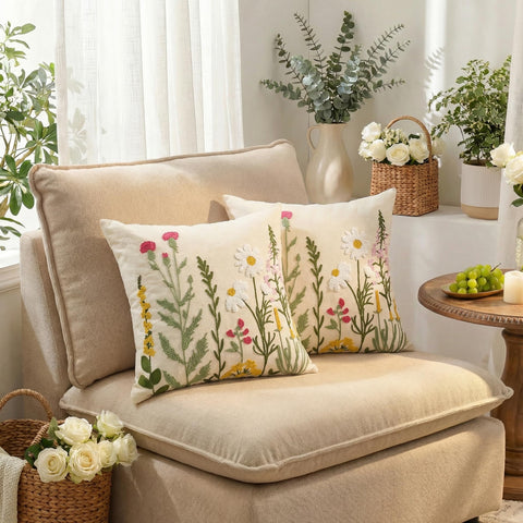 AVOIN colorlife linen look daisy embroidery pillow cover for decorative cushions