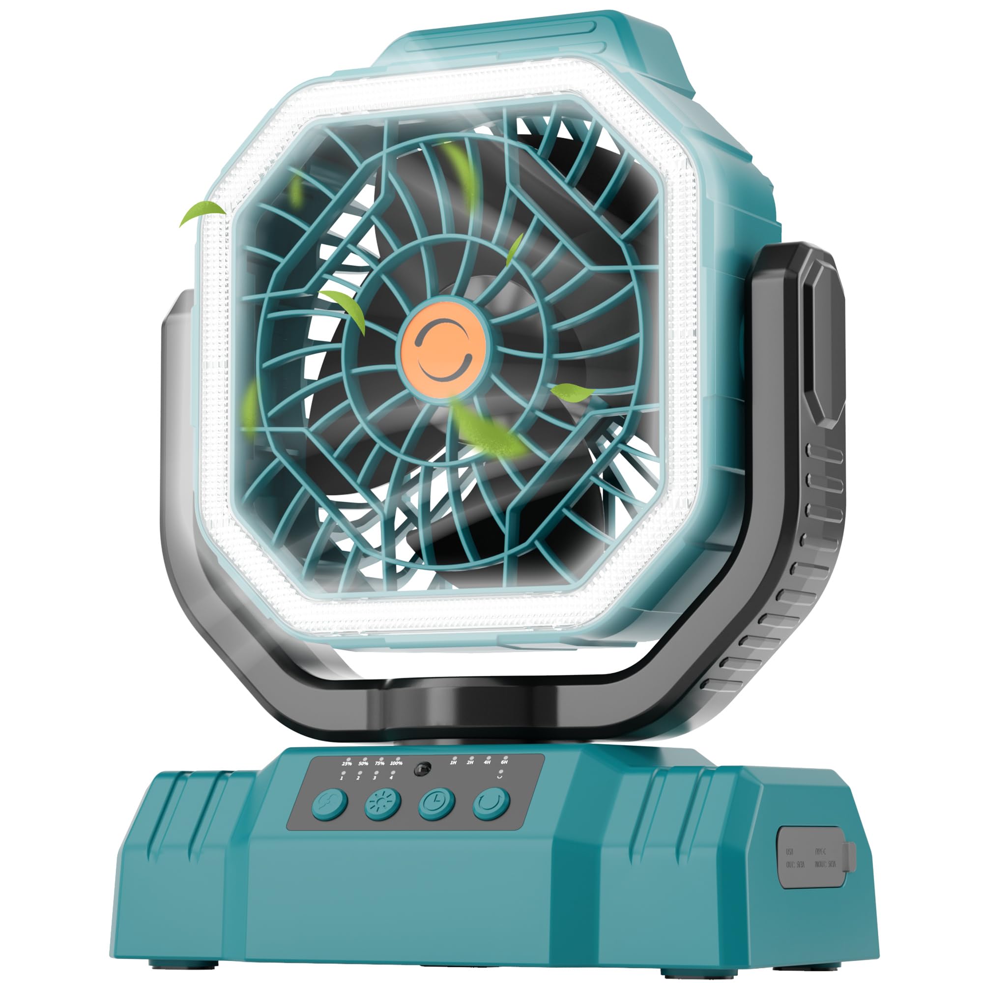 AVV 20000mAh camping fan with remote in cyan for versatile outdoor cooling.