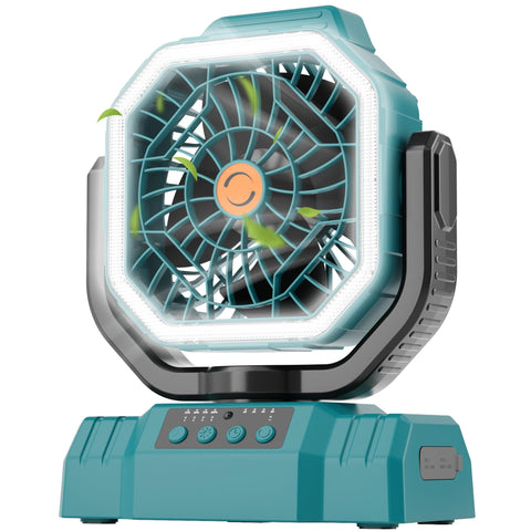 AVV 20000mAh camping fan with remote in cyan for versatile outdoor cooling.