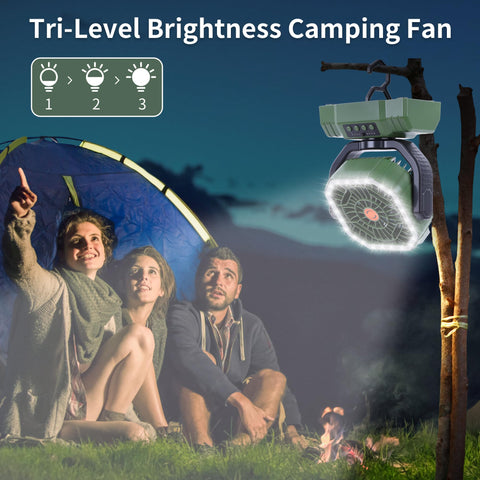 AVV camping fan in tent setup delivering steady airflow.