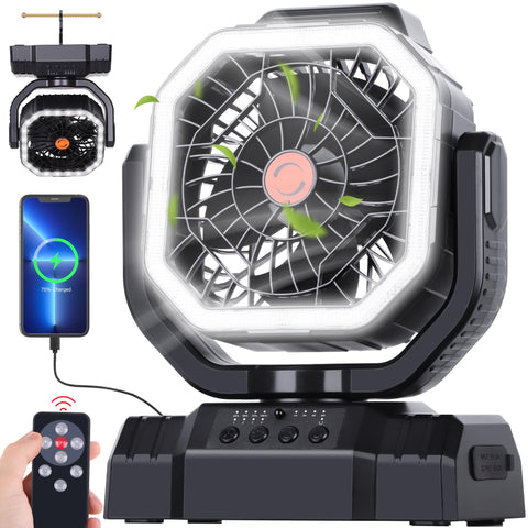 AVV camping fan with remote control for convenient cooling in tents.