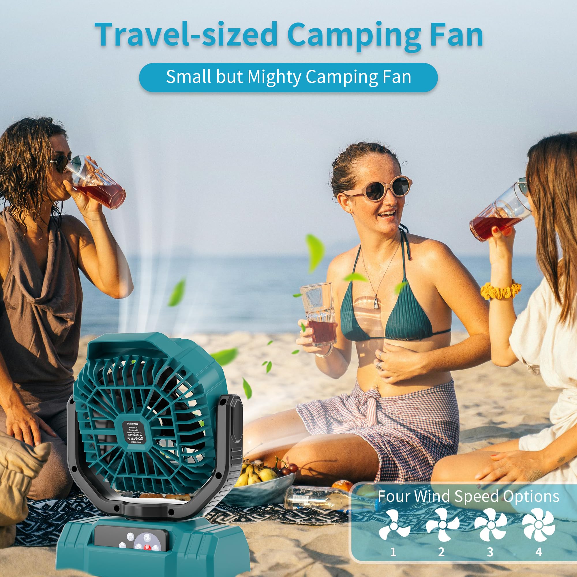 AVV portable cyan fan with remote control suitable for campsite.