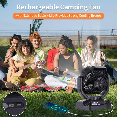 AVV camping fan tilted 90 to 270 degrees for directed airflow.