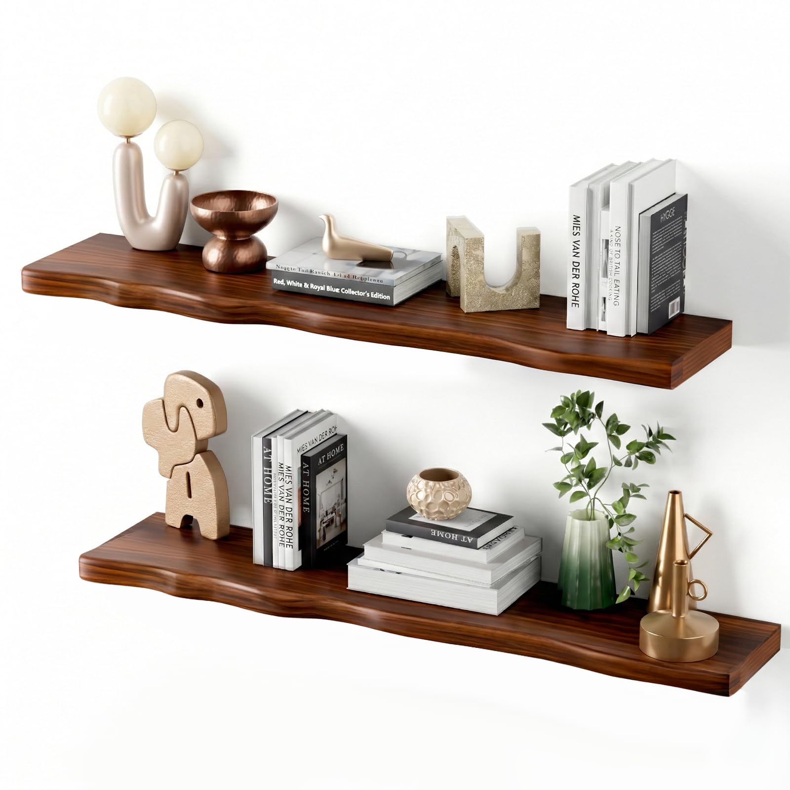 Avytronx solid wood live-edge 36-inch shelf mounted for a floating display and clutter-free storage.