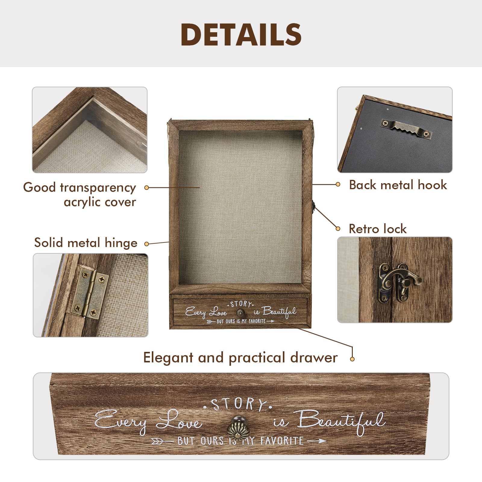 AW BRIDAL shadow box includes a drawer for small accessories and mementos