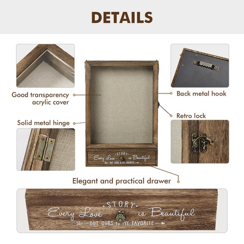 AW BRIDAL shadow box includes a drawer for small accessories and mementos