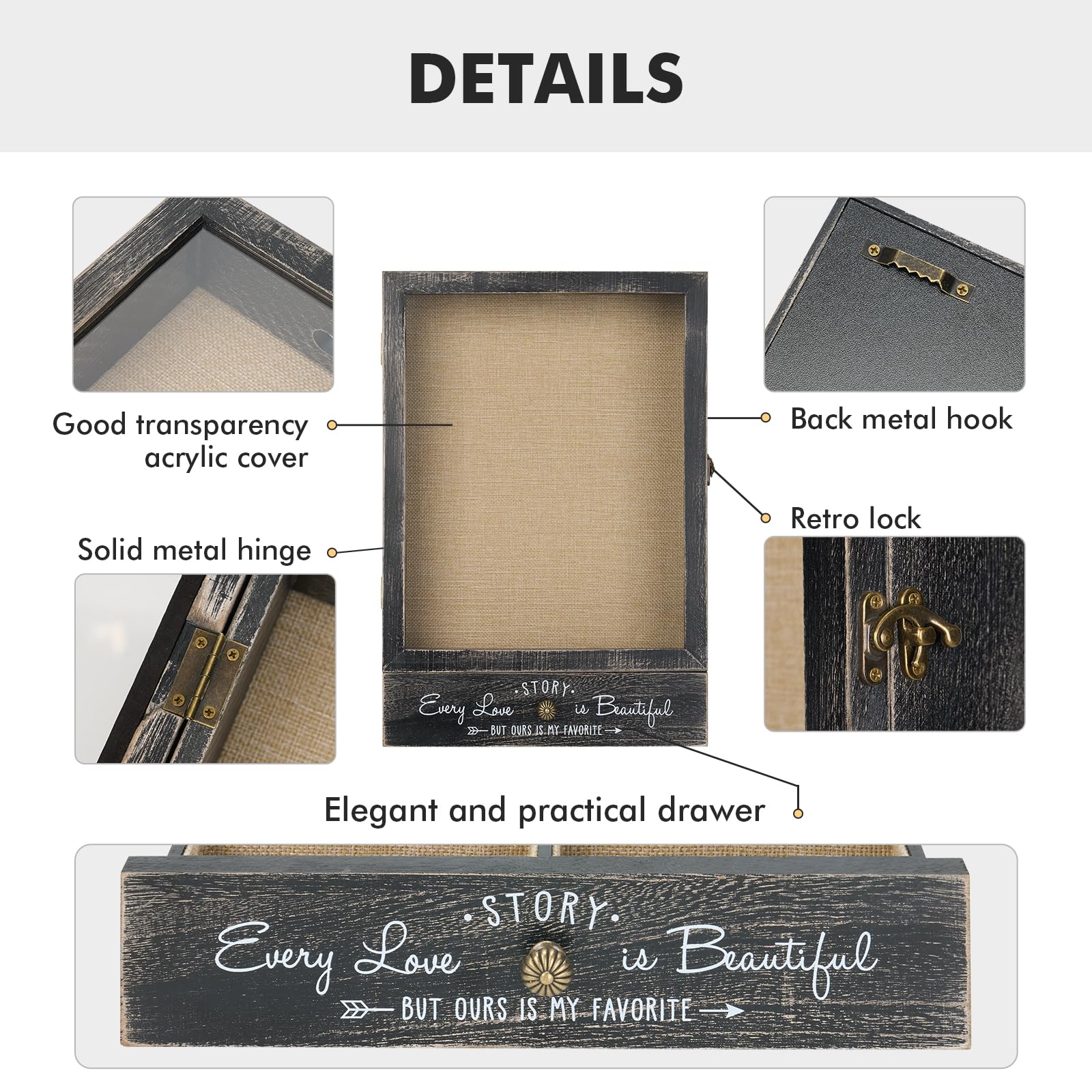 AW BRIDAL shelves and drawers provide organized storage for small treasures.