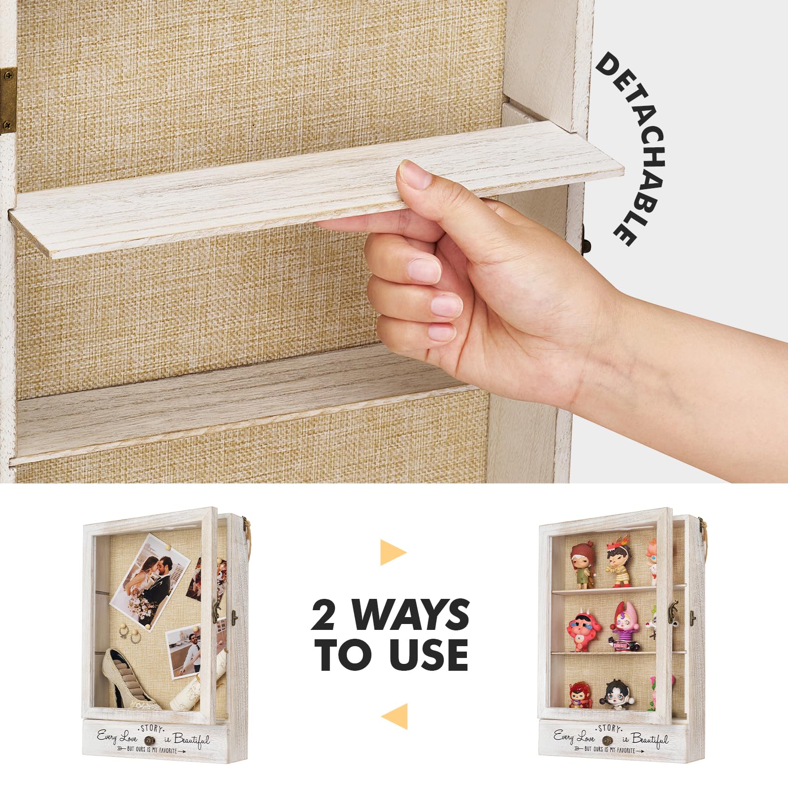 AW BRIDAL white wood shadow box mounted on wall enhances decor