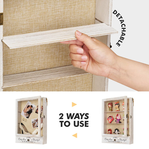 AW BRIDAL white wood shadow box mounted on wall enhances decor
