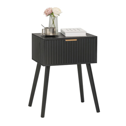 AWASEN black nightstand with fluted drawer and golden handle offers stylish bedside storage.