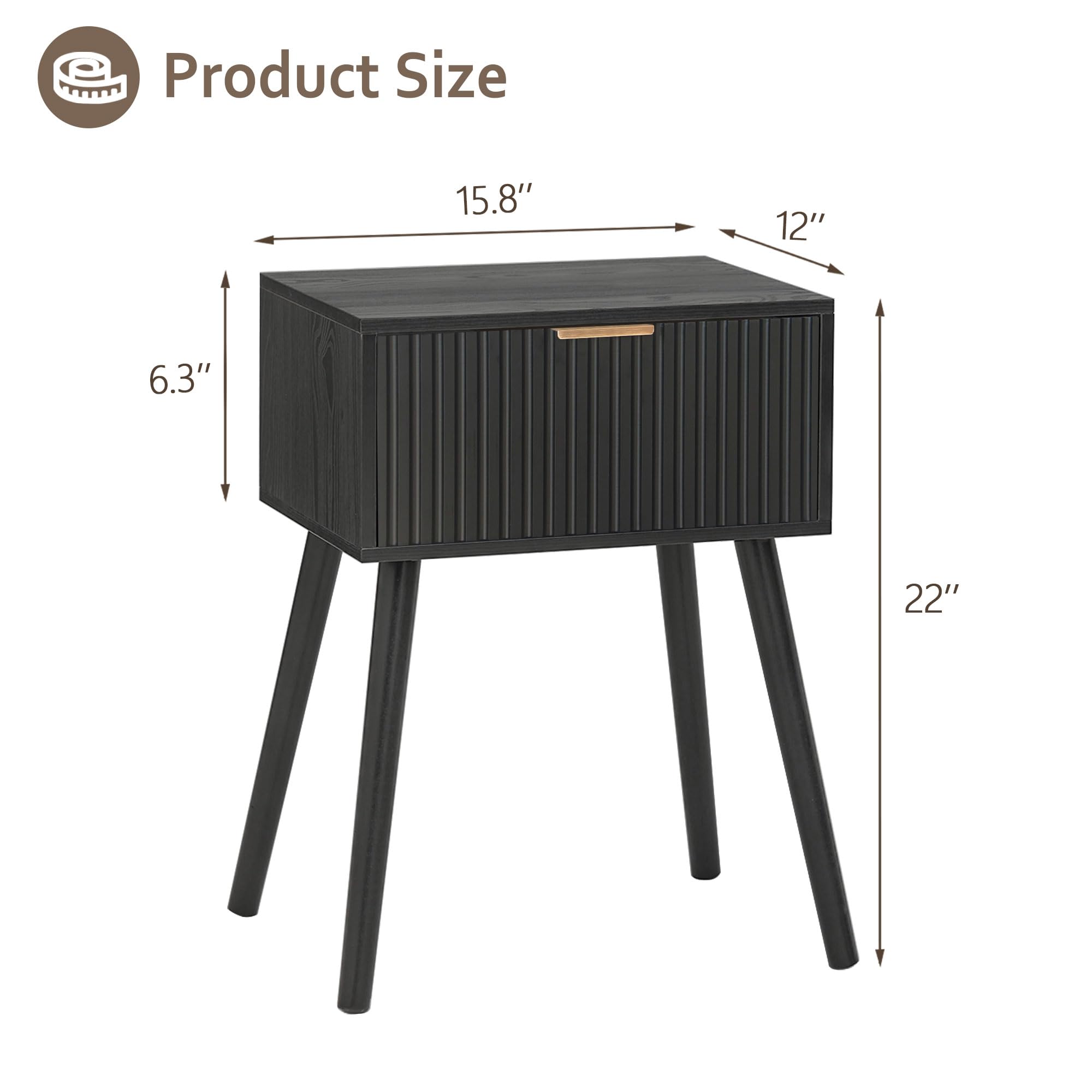 AWASEN black nightstand from a side profile shows compact footprint for small spaces.