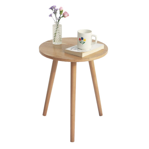 AWASEN round side table in natural walnut beside seating for quick access.