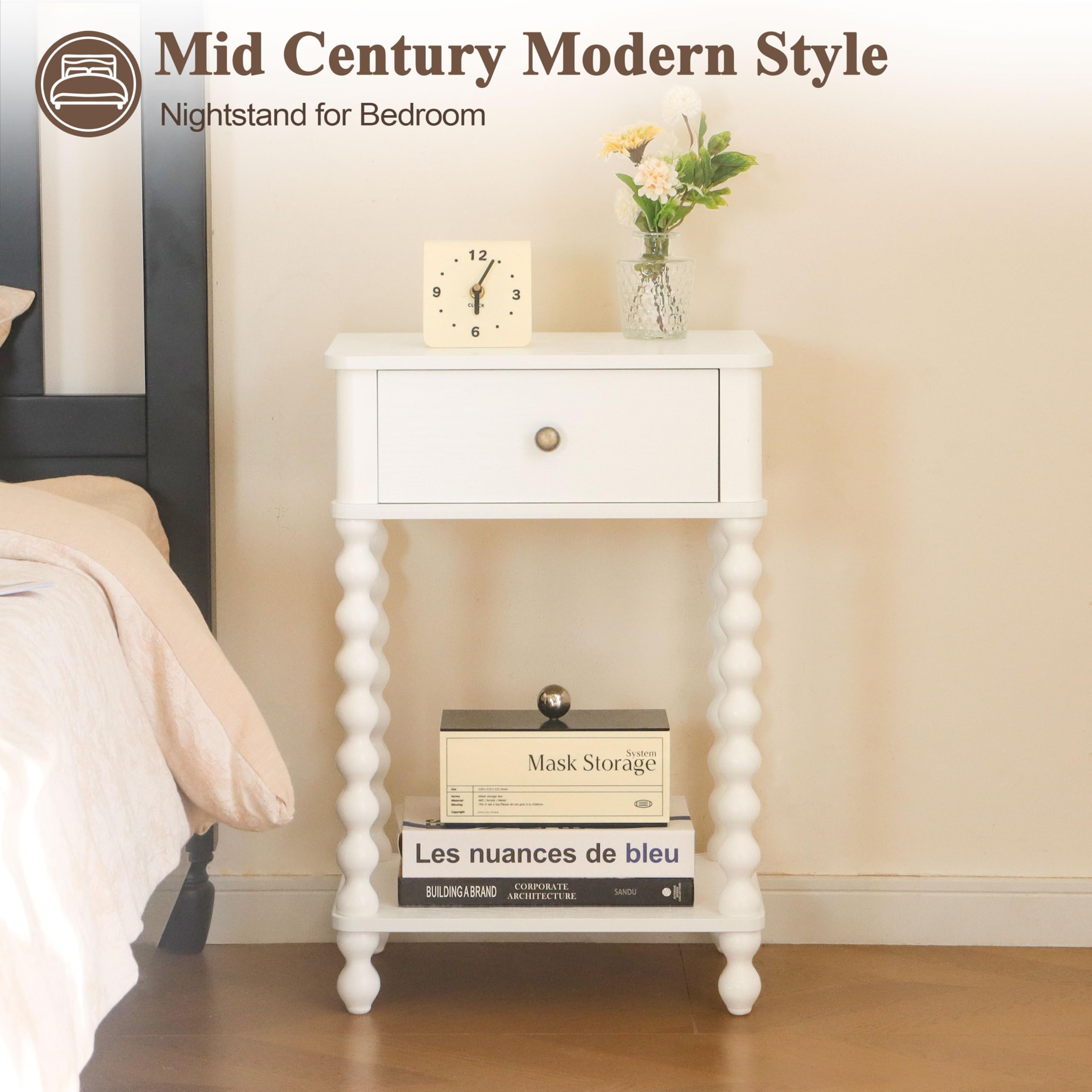 AWASEN White Nightstand with spindle legs conveying farmhouse charm and reliability