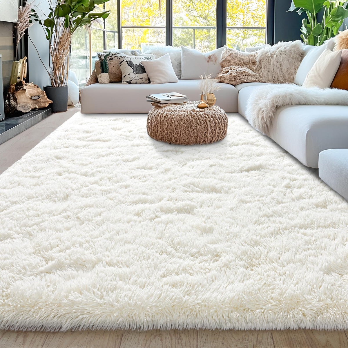 Awaytail 5x7ft fluffy rug cream white wide view showing soft texture for living rooms